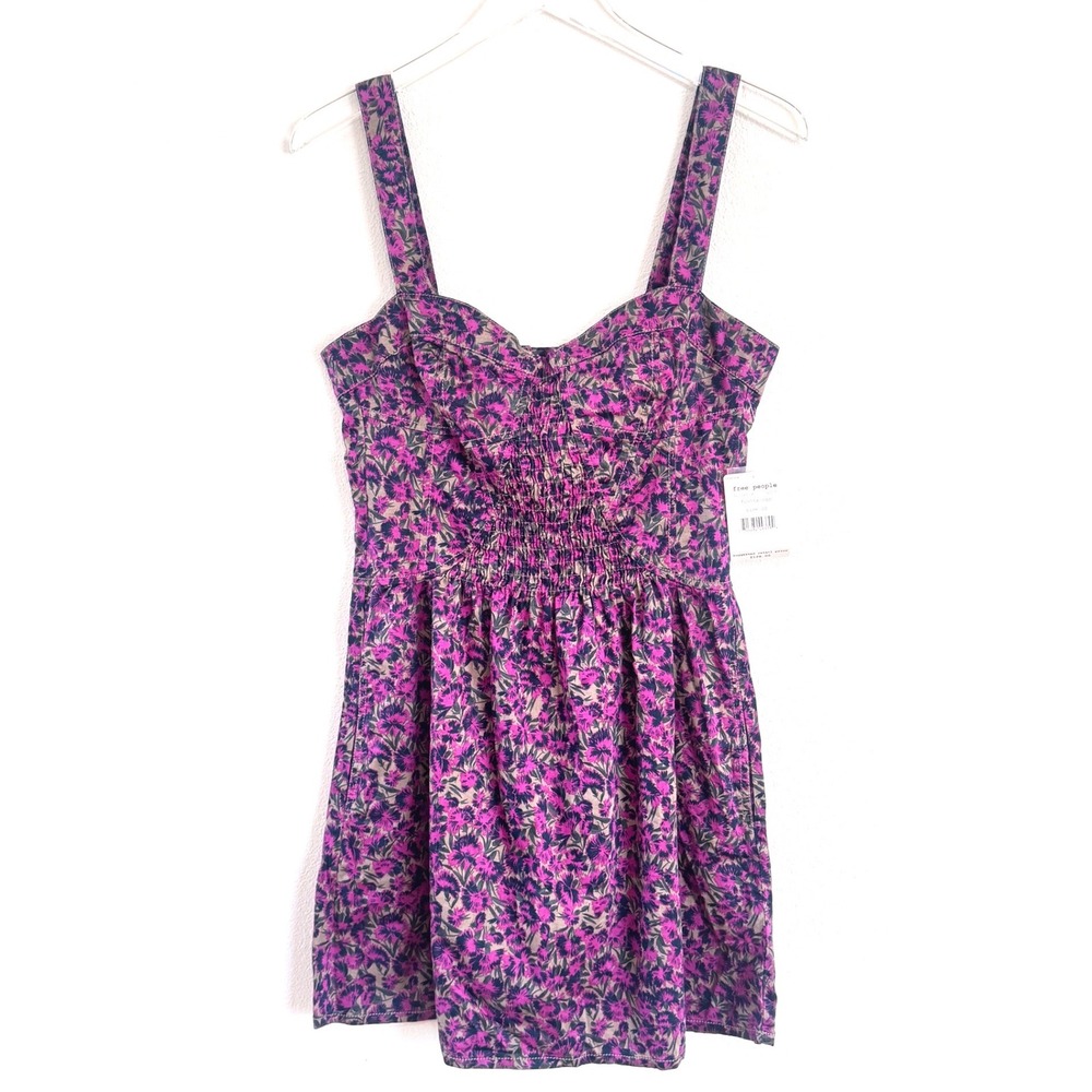 Free People Poppy Petals Purple Floral Smocked Sweetheart Mini‎ Dress - Picture 2 of 7